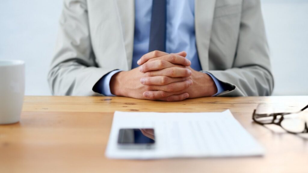 Man in light coloured suit sitting at desk ready for interview