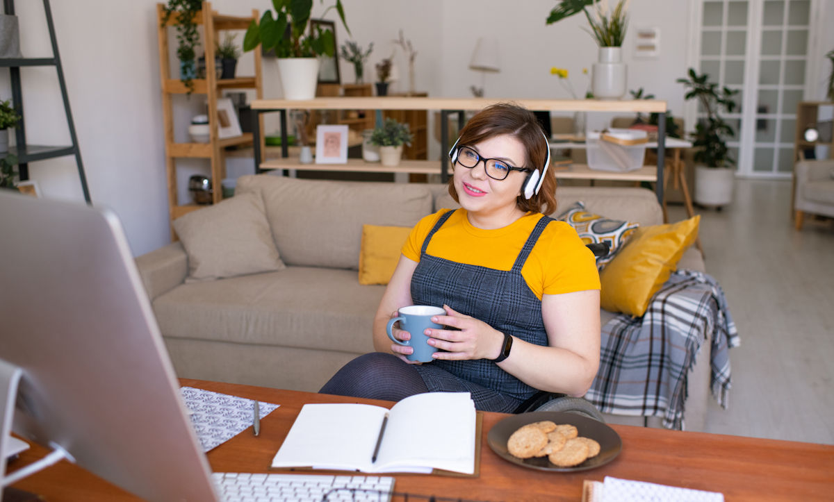 working from home with headphones